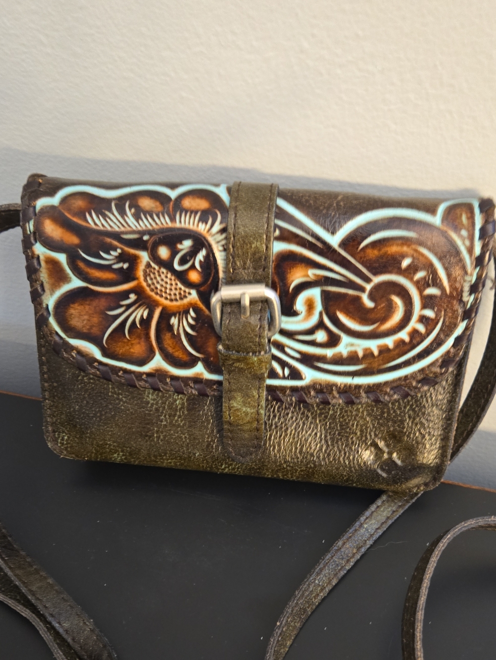 Handcrafted Floral Tooled Leather Crossbody - Brown